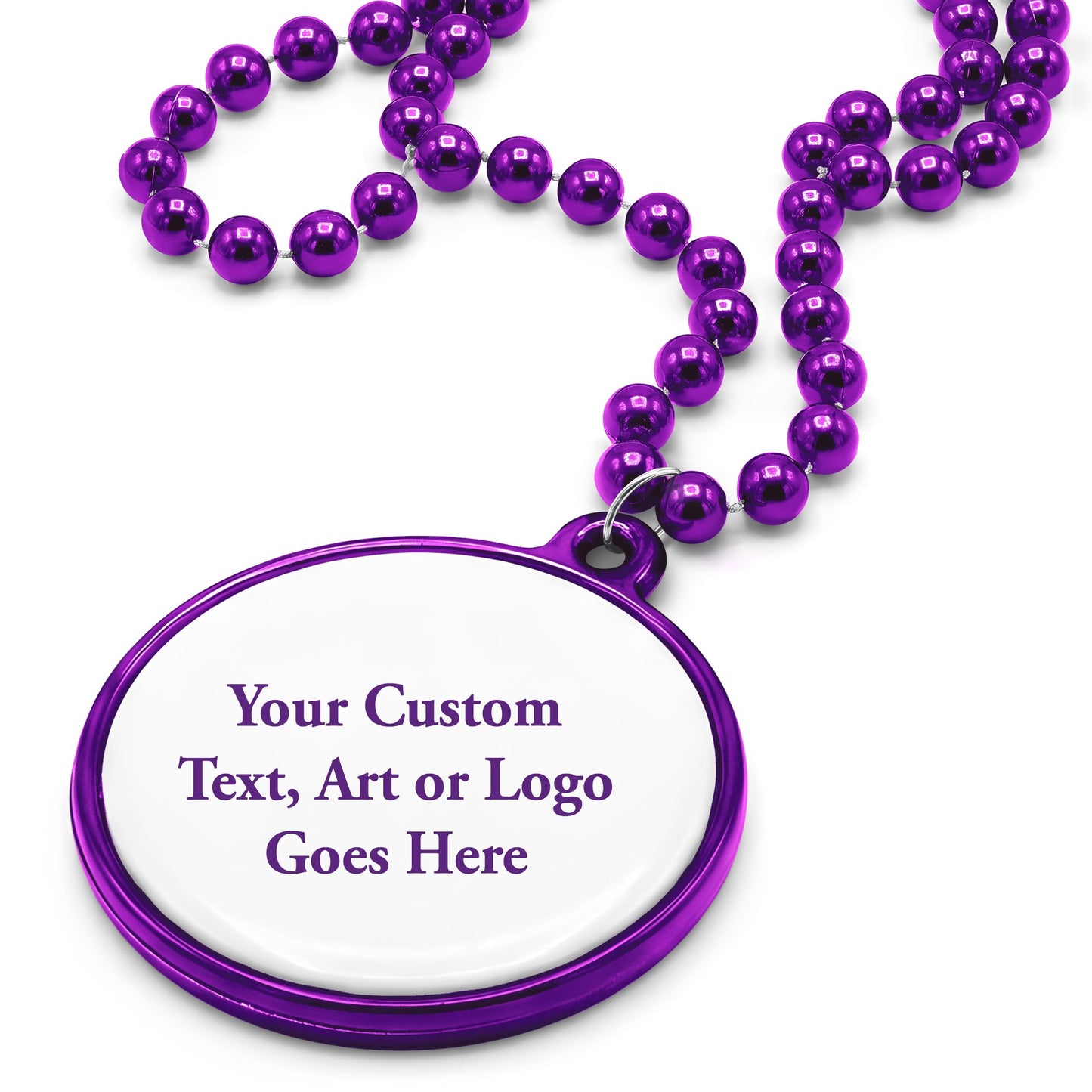 Custom Mardi Gras Bead Necklaces with Medallions- 33 inch, 7mm Round Beads- Pack of 24 Personalized Plastic Bead Necklaces- Many Colors To Choose