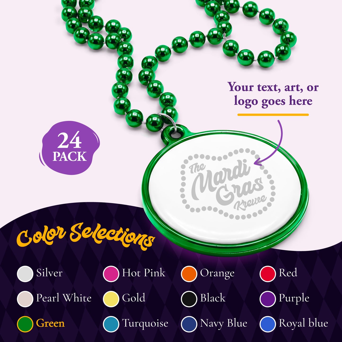 Custom Mardi Gras Bead Necklaces with Medallions- 33 inch, 7mm Round Beads- Pack of 24 Personalized Plastic Bead Necklaces- Many Colors To Choose