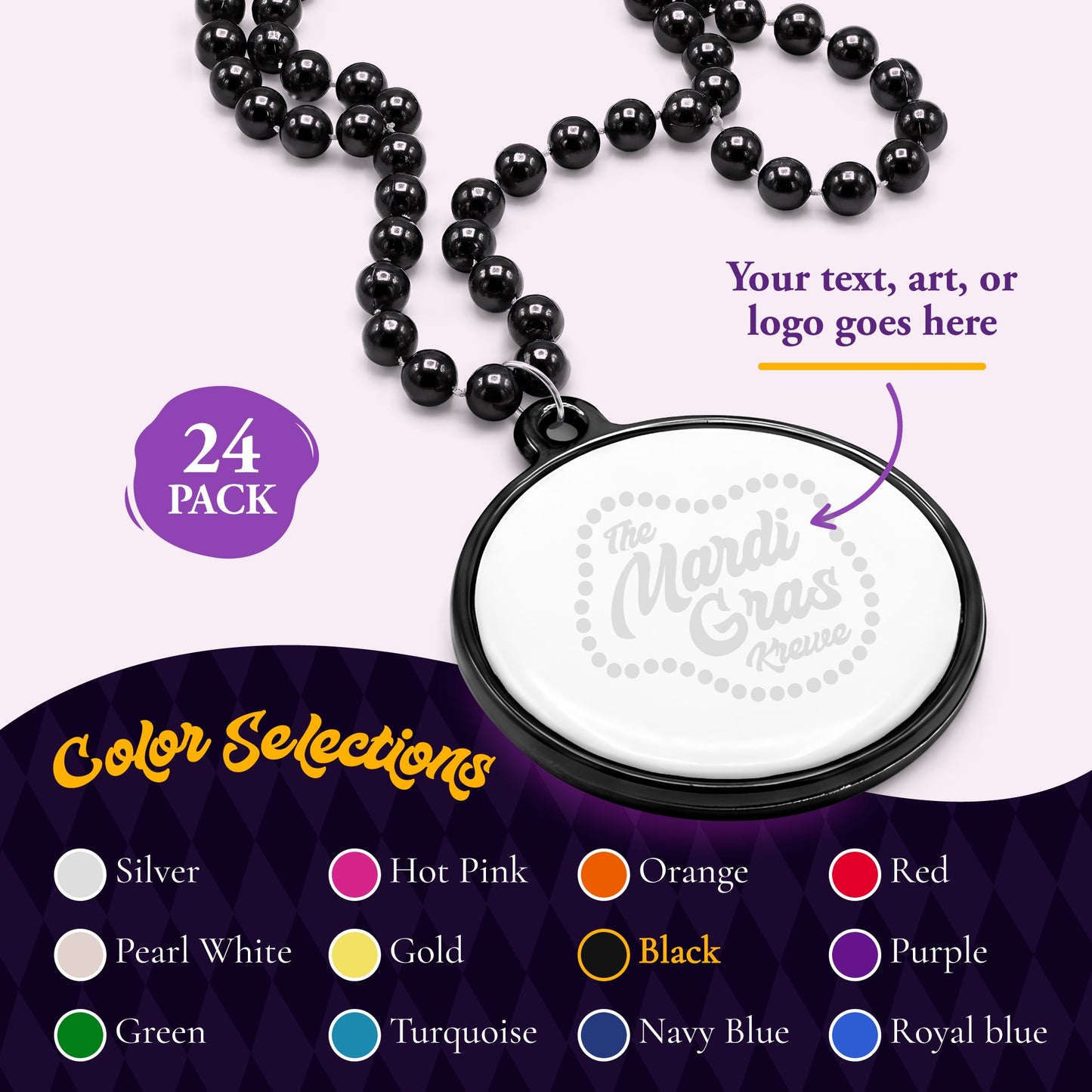 Custom Mardi Gras Bead Necklaces with Medallions- 33 inch, 7mm Round Beads- Pack of 24 Personalized Plastic Bead Necklaces- Many Colors To Choose