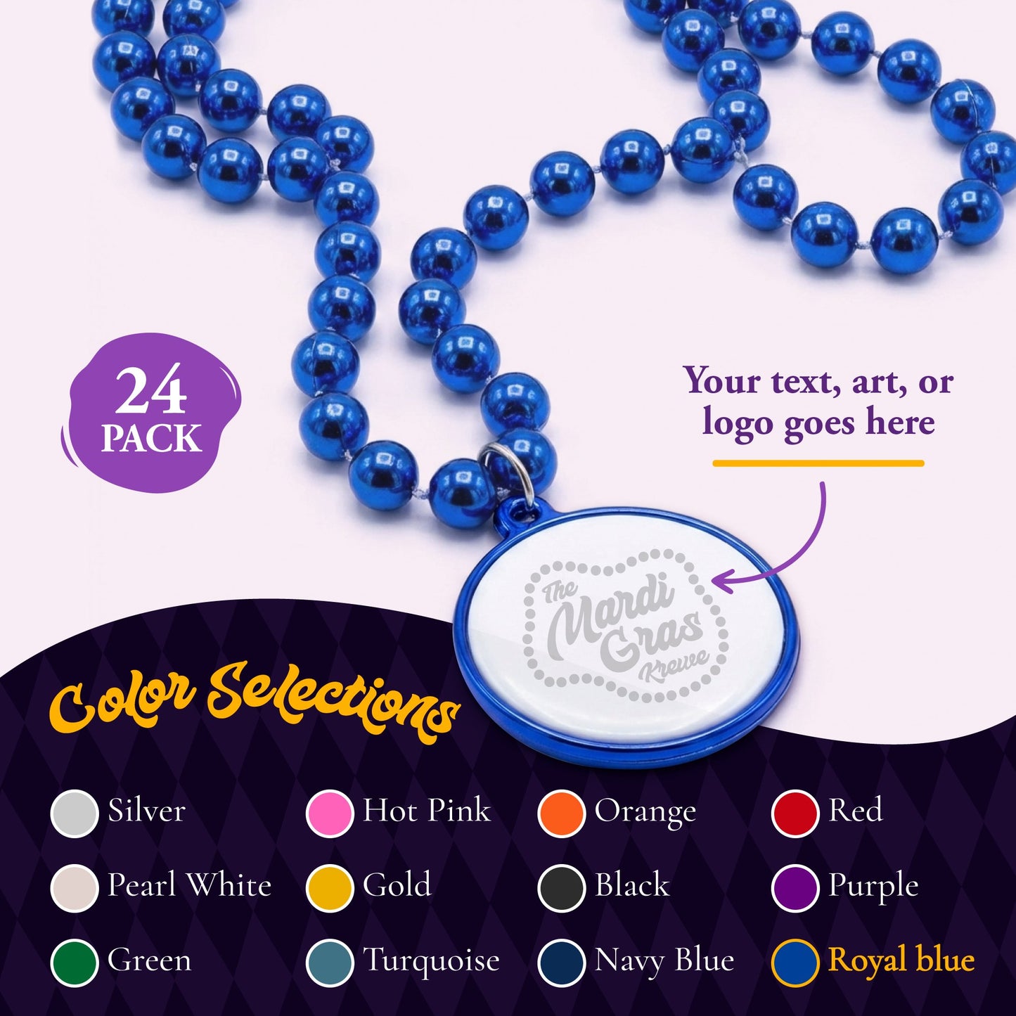 Custom Mardi Gras Bead Necklaces with Medallions- 33 inch, 7mm Round Beads- Pack of 24 Personalized Plastic Bead Necklaces- Many Colors To Choose