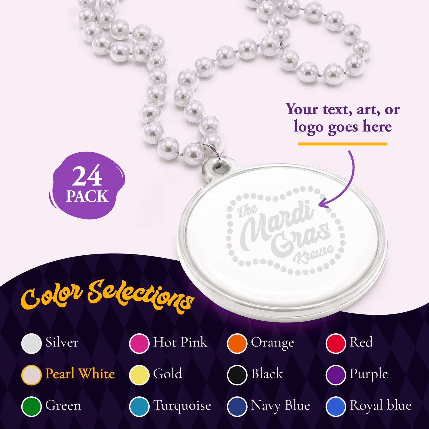 Custom Mardi Gras Bead Necklaces with Medallions- 33 inch, 7mm Round Beads- Pack of 24 Personalized Plastic Bead Necklaces- Many Colors To Choose