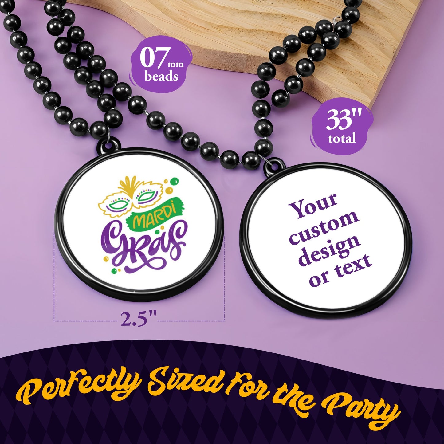 Custom Mardi Gras Bead Necklaces with Medallions- 33 inch, 7mm Round Beads- Pack of 24 Personalized Plastic Bead Necklaces- Many Colors To Choose