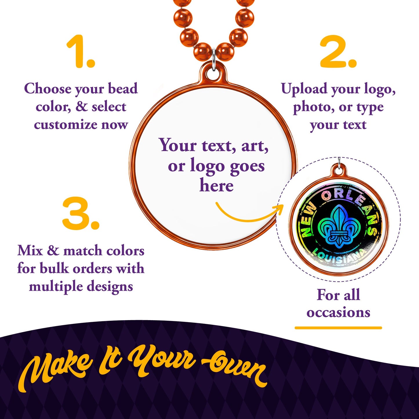 Custom Mardi Gras Bead Necklaces with Medallions- 33 inch, 7mm Round Beads- Pack of 24 Personalized Plastic Bead Necklaces- Many Colors To Choose