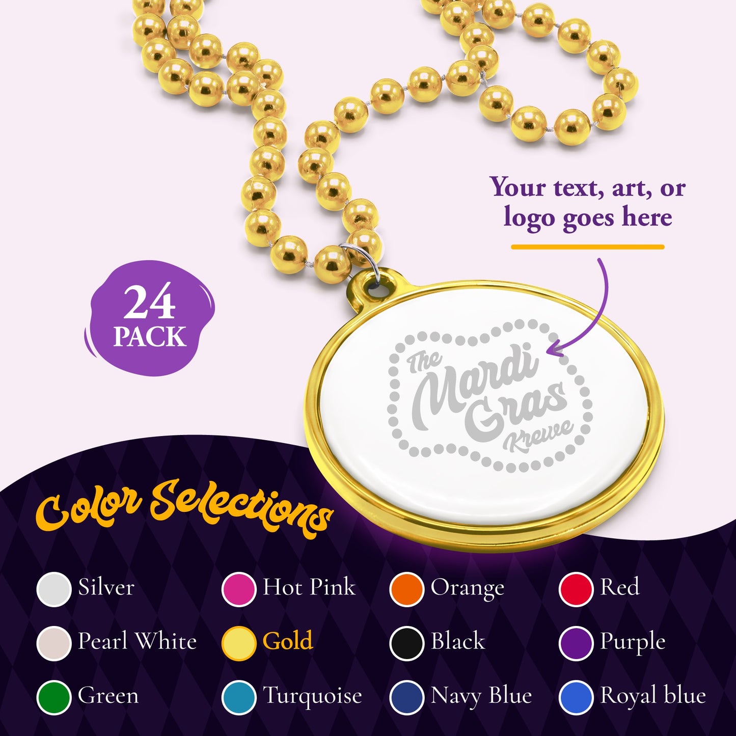Custom Mardi Gras Bead Necklaces with Medallions- 33 inch, 7mm Round Beads- Pack of 24 Personalized Plastic Bead Necklaces- Many Colors To Choose