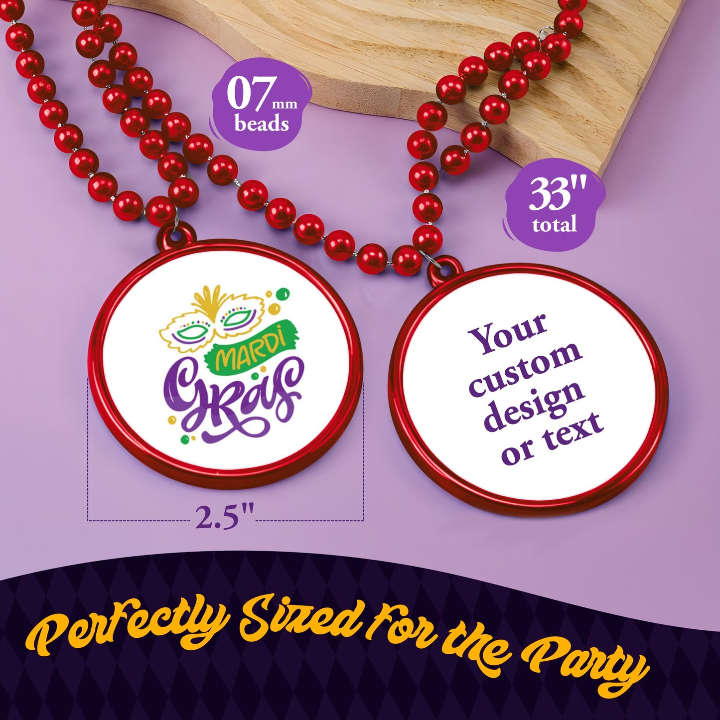 Custom Mardi Gras Bead Necklaces with Medallions- 33 inch, 7mm Round Beads- Pack of 24 Personalized Plastic Bead Necklaces- Many Colors To Choose