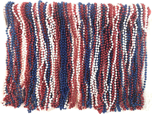 Mardi Gras Beads Red, White, Blue - 33 inch 7mm, 10 Dozen, 120 Pieces